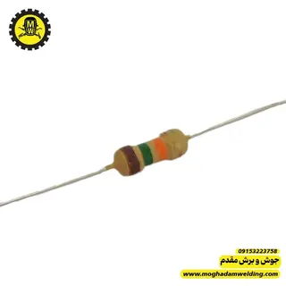 مقاومت کربنی 15 کیلو اهم 0.25 u;s عکس واقعی 4 رنگ نمای روبروی برند  MULTICOMP