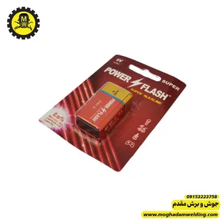 باطری 9 ولت کتابی الکالاین برند power flash  نمای روبرو با جعبه